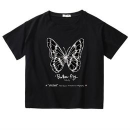 Women's T-Shirt Fashion Black Butterfly Print Cotton Crop Top Harajuku O-neck Casual T Shirt Cool Streetwear Tees Gothic Women Loose Tshirt