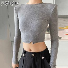 FORYUNSHES Women Basic Slim Sexy Crop Top Female O-Neck Long Sleeve Grey T-Shirt Autumn Winter Fashion 210709