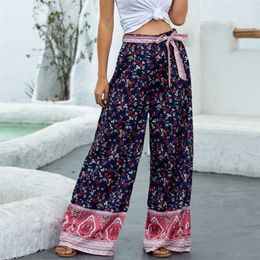 Bohemian Vintage Maxi Pants Women Print High Waist Bandage Casual Beach Holiday Plus Size Wide Leg Trousers Feminine 210608