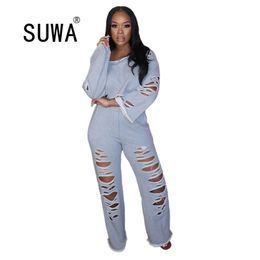 High Street Fashion Classic Hole Loose Tracksuit Two Piece Sets Womens Outfits Pullover Top Tunic Wide Leg Pants Wholesale Cloth 210525