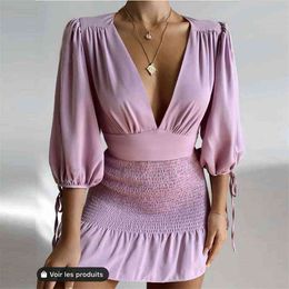 Spring New Women Elegant Mini Dress Long Sleeve V-neck Party Wedding Lady Dress Fashion Solid Holiday Female Clothing 210331