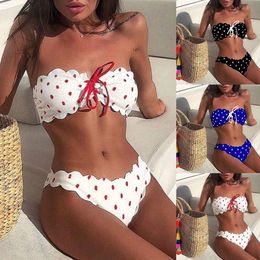 Women's Swimwear 2021 Summer Sexy Pleated Swimsuit Polka-dot Lace-up Tube Top Gathered Bikini Push Up Padded Brazilian