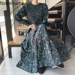 Nomikuma Robe Femme Korean Chic Sweet Dresses O Round Neck Floral Printed Slim High Waist Maxi Dress Women Long Sleeve 3d641 210514