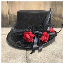 Women Retro Handmade Steampunk Top Hat With Flowers And Lace Ribbon Stage Magic Size 57CM Wide Brim Hats