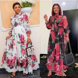 African Dresses for Women Vintage Floral Print Outfit Long Dress Full Sleeve Dashiki Party Dress Ladies Clothes Spring New 210408