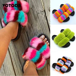 Fashion Fur Slippers For Women Fluffy Rabbit Fur Slides Flat Outdoor Rainbow Sandals Luxury Flip Flops Ladies Cute Furry Shoes H1122