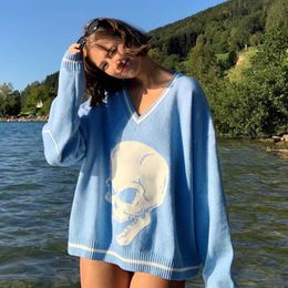 hirigin Skulls Blue Knitted Sweaters for Women Fashion Winter Tops Oversized Jumper V Neck Long Sleeve Pullovers X0721