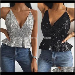 Womens Tanks Summer Sexy Female Crop Tops Sequins Women Sleeveless Straps Tank Top Solid Color Sling Slim Lady Camis Casual Sier Black Fmqgz