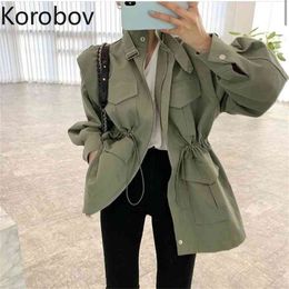 Korobov New Korean Solid Women Jackets Streetwear Long Sleeve Turn-Down Collar Female Coats Slim High Waist Drawstring Tops 210430