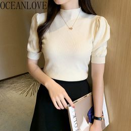 Autumn Sweaters Women Clothes Solid Puff Elegant Pullovers Fashion Short Sleeve Sueter Ladies 18668 210415