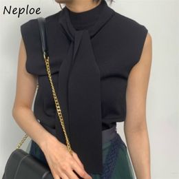 Neploe Autumn Chic Tie Collar Knitted Tops New Fashion Elegant Solid Colour T-shirt French Style Vintage T Shirts 1G886 210423