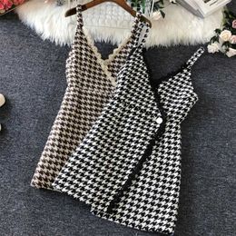 Women v-neck Plaid spaghetti strap Woollen Vest Houndstooth Sleeveless slim top waistcoat 211120