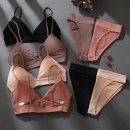 Sexy V-Neck Women Bra Set Seamless Intimates Lingerie Wireless Bra And Panty Matching Set Brassiere Set Tank Crop Top Underwear