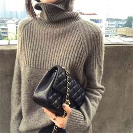 Autumn and winter cashmere sweater women loose lazy knitted turtleneck large size solid Colour thickening base 210520