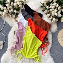 Ins Fashion Women's Crop Top Summer Knit T-shirt Solid Color One Shoulder Sleeveless Drawstring Ruched Vest Tank Tops 210603