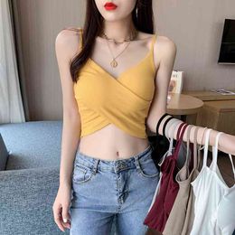 Korean Sweater Vests Women Knitted V-neck Camis Feamle Tank Top Vintage Sweaters Short Solid Criss-Cross Sleeveless 210427