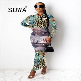 Colourful Leopard Vintage O-Neck Full Sleeve Bandage Maxi Long Dress Street Women Casual Party Night Club Sexy 210525