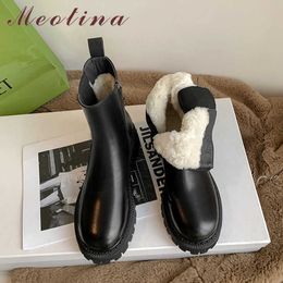 Meotina Genuine Leather Ankle Boots Real Wool Fur Woman Boots Platform High Heel Short Boots Zip Chunky Heel Female Shoes Black 210608