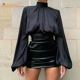 Black Pu Leather Skirt Sexy High Waist Pleated Bodycon Club Party Office Mini Pencil 210527