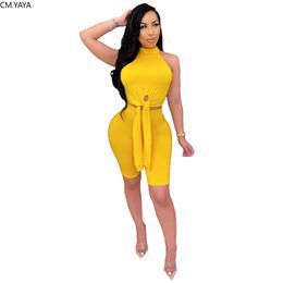 2020 Women Sets Summer Tracksuits Fitness Sleeveless Lace Up O-Neck Tops+Shorts Suit Two Piece Set 2 Pcs Night Outfits GL9302 X0428