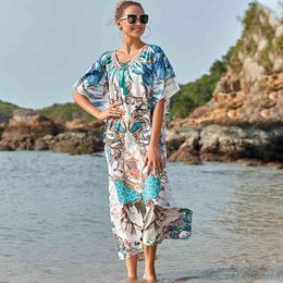 Quick-drying Bikini Cover-ups Bohemian Print V-neck Summer Dress Beach Tunic Women Beachwear Kaftan Swimsuit Cover Up Q1171 210420