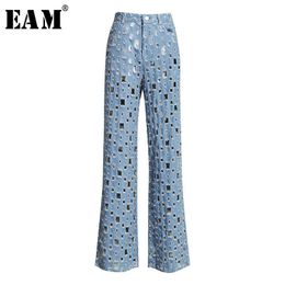 [EAM] Wide Leg Blue Denim Hollow Out Long Jeans High Waist Loose Women Trousers Fashion Spring Autumn 1K434 211129