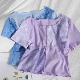 Fashion casual tie-dye slimming short-sleeved T-shirt top for women summer Korean umbilical ears t-shirt tee tops 210420