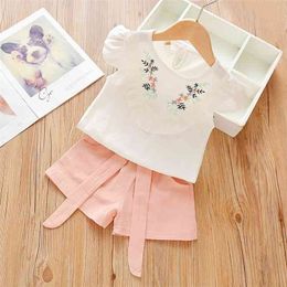 Summer Infant Rompers Clothes Short-Sleeve Print T-shirt Solid Sashes Shorts Baby Girls Costume 210629