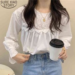 White Embroidery Shirts Women Blouses Hollow-out Tops Floral O-neck Korean Sweet Lace Stitching Long Sleeve Shirt Blusas 10839 210417