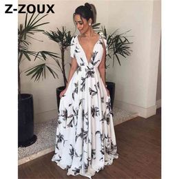 Women Dress V-Neck Sleeveless Sling Floral Flower Print Plus Size Maxi Beach es White Fashion 210513