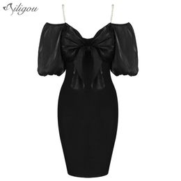 Free Trendy Bow Pearl Chain Design Sexy Off Shoulder Puff Sleeves Celebrity Party Club Bandage Dress 210525