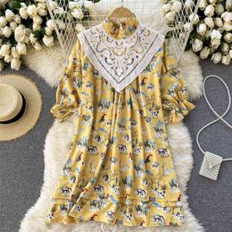 Women Fashion Retro Court Wood-eared Stand Neck Short Sleeve Slimming Casual Mini Dress Vintage Summer Vestidos R851 210527