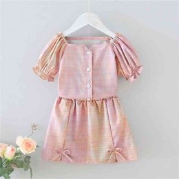 Gooporson Cute Toddler Girls Clothing Set Plaid Top&bow Tie Skirt 2 Pieces Summer Fashion Baby Children Outfits Beautiful Outfit 210715
