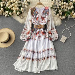 SINGREINY Women Bohemian Print Dress Korean Retro Puff Sleeve O Neck Sashes A-line Dresses Spring Fashion Streetwear Midi Dress 210419