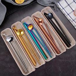 2022 Reusable 304 Stainless Steel Straw Set Straight Bent Drinking Straws Cleaning Brush Spoon 7pcs/set With Mini Box