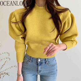 Candy Color Autumn Solid Pullovers Puff Sleeve Winter Korean Short Mujer Sueteres Elegant Sweaters Women 18480 210415