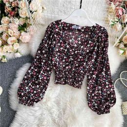 Retro V-neck Floral Chiffon Shirt Spring and Autumn Women's Pleated Slim Puff Sleeve Short Temperament Top HK164 210506