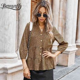 Leopard Print Frill Trim Office Top Women Spring Autumn V Neck 3/4 Sleeve Elegant Button Ladies Tops and Blouses 210510