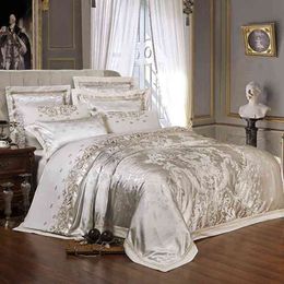 Sliver Gold Luxury Silk Satin Jacquard duvet cover bedding set queen king size Embroidery sheet/Fitted sheet 210721