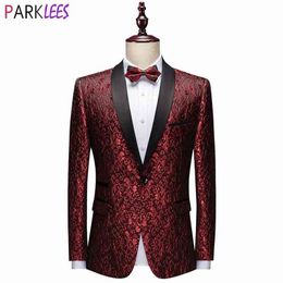 Wine Red Floral Jacquard Dress Blazers Men Patchwork Collar One Button Tuxedo Suit Jacket Male Wedding Banquet Blazer Masculino 210522