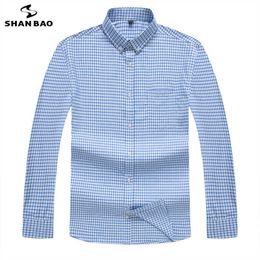 SHAN BAO autumn classic yarn-dyed plaid shirt business casual brand young men's loose long-sleeved shirt blue purple 210531