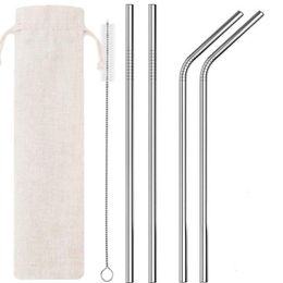 6pcs Set Stainless Steel Straws with Cleaning Brush and Pouch Reusable Straight Bent Metal Drinking Straw for Kitchen Home Party Bar