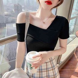 WWENN Cotton Short Sleeve Diamond Slash Neck T Shirt Women Clothes Summer Tops Tshirt T- Korean Sexy Tee Femme 210507