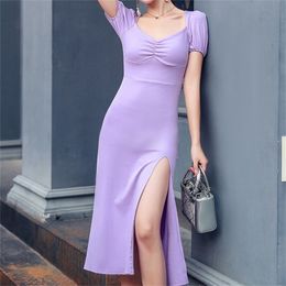 Summer Violet Sexy Club Dress Square Collar High Waist Puff Sleeve Temperament Elegant Party Women 210603