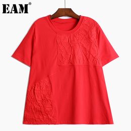 [EAM] Women Blue Big Size Irregular Patch Designs T-shirt Round Neck Short Sleeve Fashion Spring Summer 1DD6852 210512