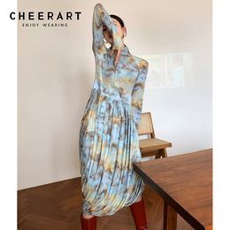 Tie Dye Cloud Blue Long Pleated Dress Women Sleeve Turtleneck Ladies Ruched Fashion Designer Clothes 210427