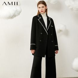 Minimalism Winter Fashion Woolen Suit Coat 100%wool Temperament Spliced Tassel Lapel Double breasted Female 1345 210527