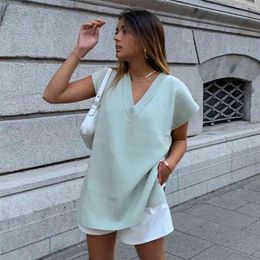 Knitted V Neck Sweater Vest Women Casual Loose Oversized Long Pullovers Winter Sleeveless Solid Tops 210427