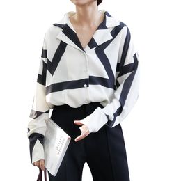 Women Office Lady Loose Stripe Print Shirt Sexy Tops Long Sleeve Simple Casual Button Up Leisure B3027 210514