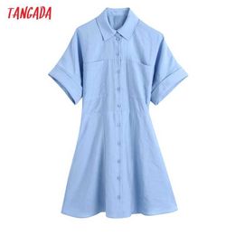 Tangada Summer Women French Style Blue Shirt Dress Short Sleeve Pocket Ladies Sundress BE101 210609